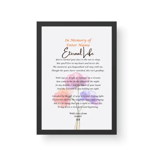 Bereavement Poetry Print - Black Framed Print gift