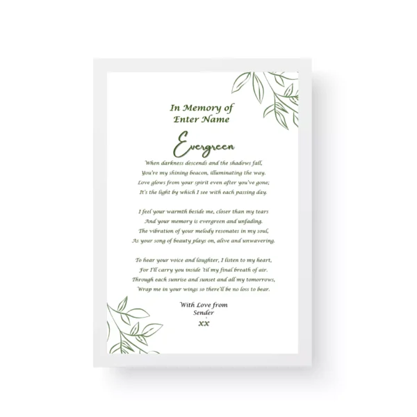 White Framed Poetry Print - Bereavement Poem - In memory of