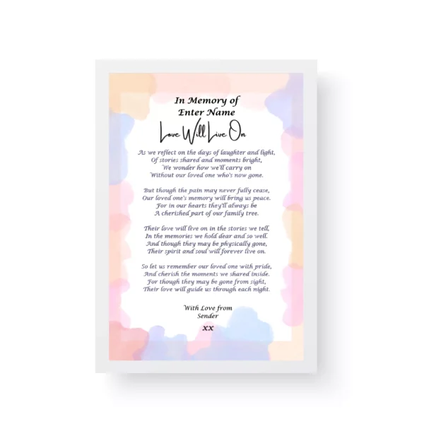 White Framed Poetry Print - In memory of- Funeral Poetry