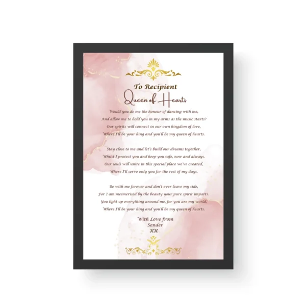 Romantic Poetry Gift- Queen of Hearts- Black Framed Print